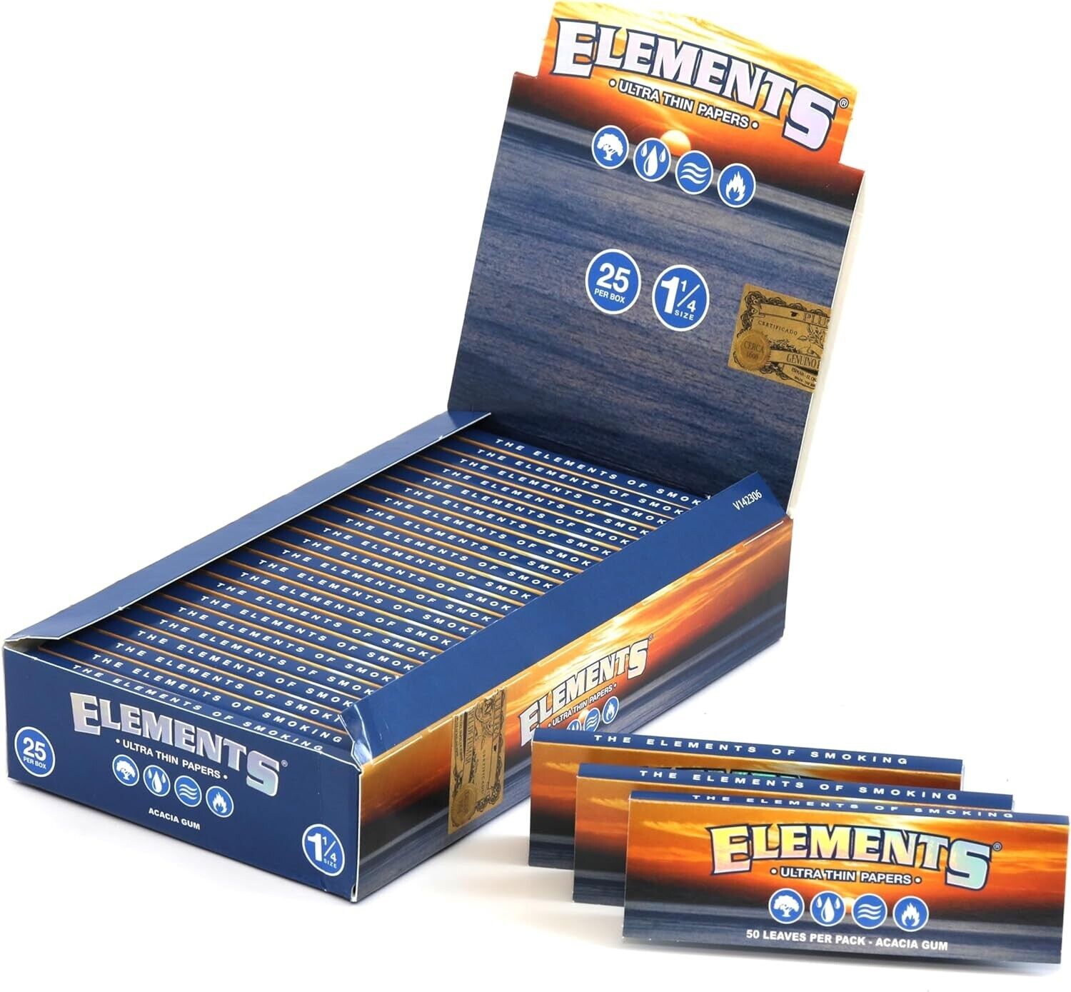 😎ELEMENTS 25 PACK (1 Box)🧡1 1/4 SIZE 💚RICE PAPER💛ULTRA THIN