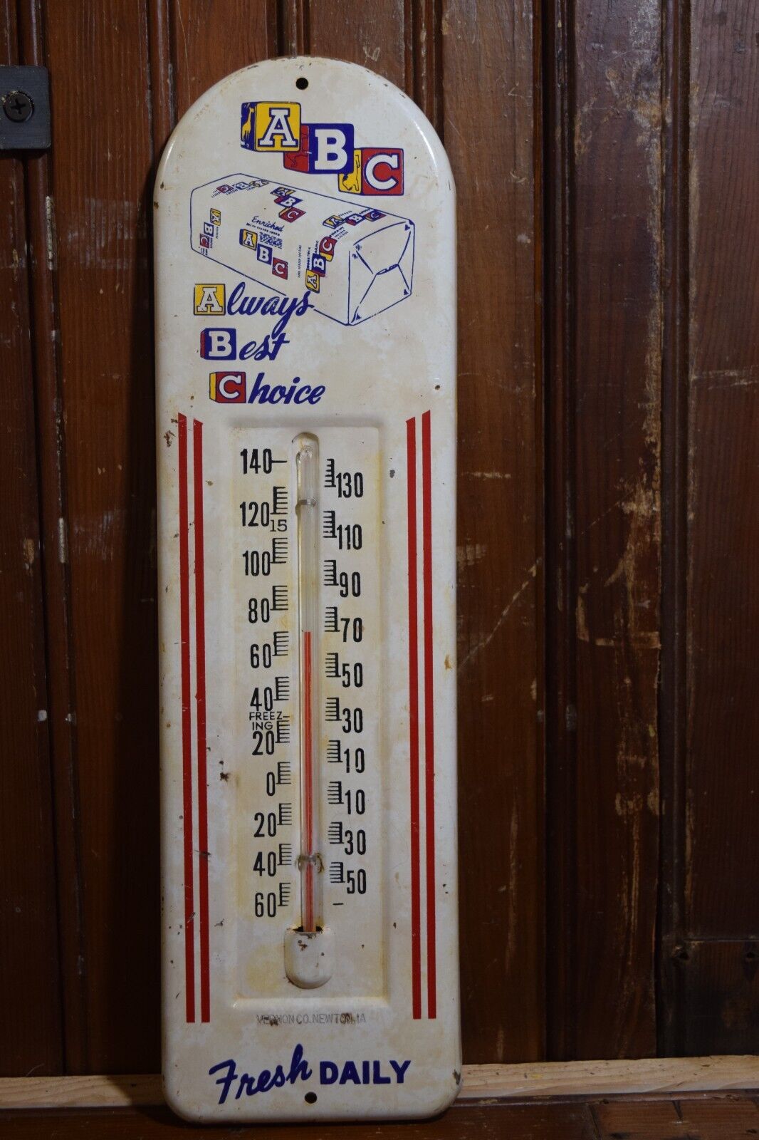 1950s ABC BREAD DEALER STAMPED PAINTED METAL TOMBSTONE THERMOMETER SIGN 13