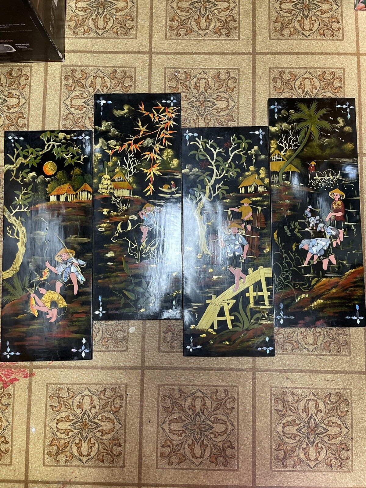 Set Of 4 Vintage Asian  in Lacquer, Inlay & Painted Panels Wall Art