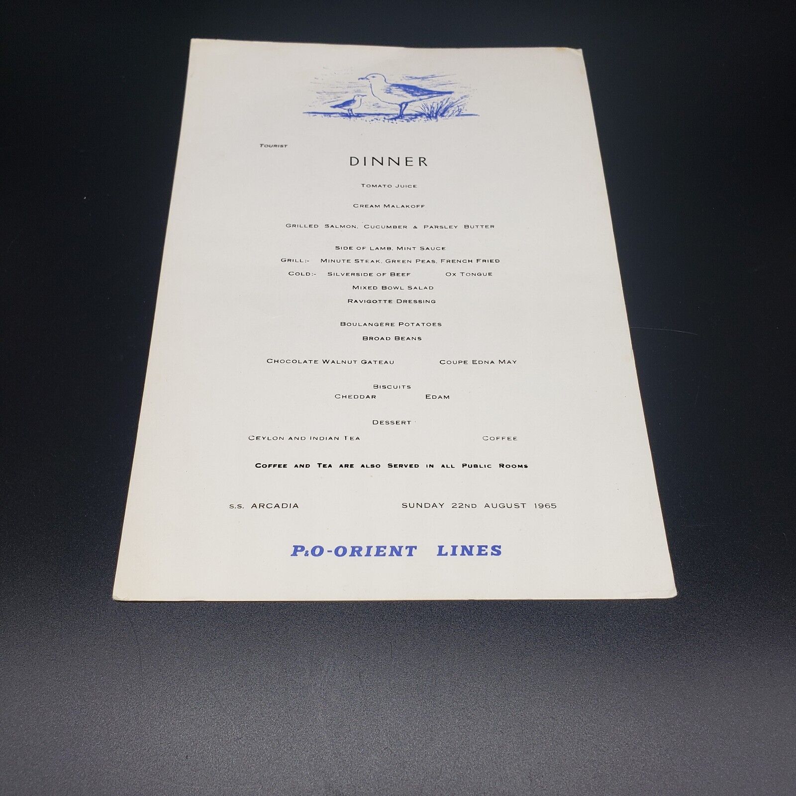Vintage 8/22/1965 Cruise Dinner Menu S S Arcadia PO Orient Lines