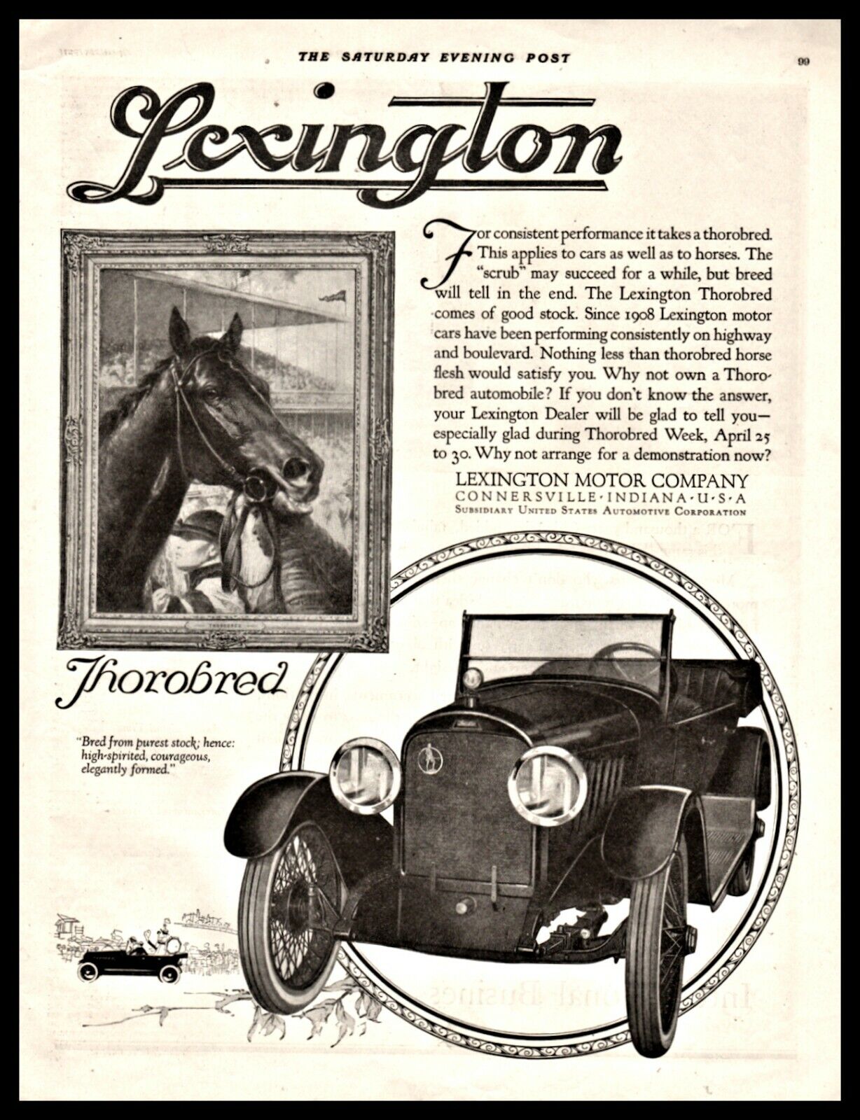 1921 LEXINGTON THOROBRED Automobile Antique Motor Car AD Thoroughbred Horse