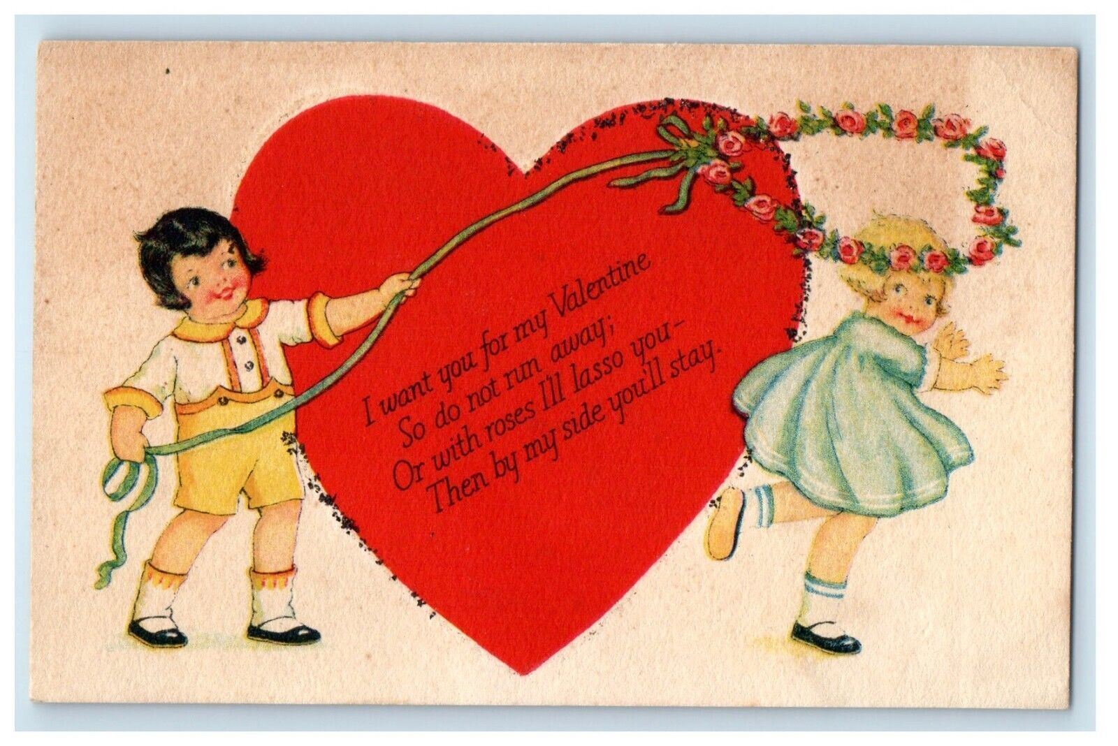 c1910's Valentine Giant Heart Boy And Girl Lasso Flowers Antique Postcard