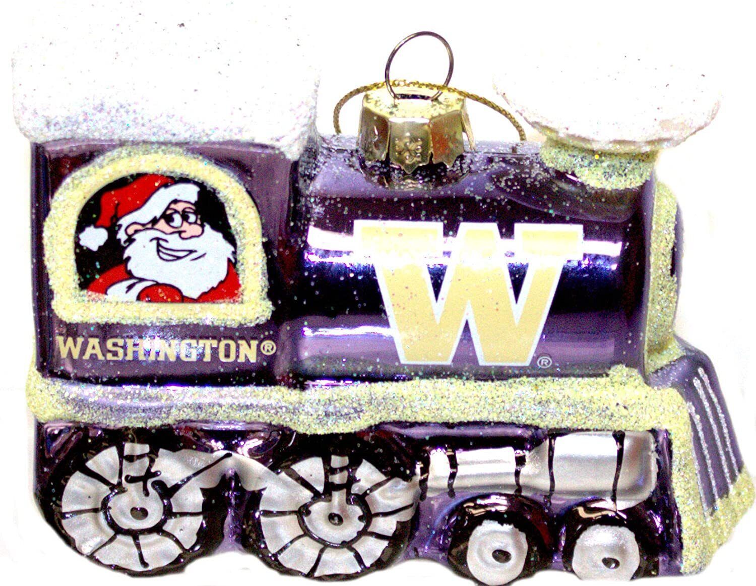 TS NCAA University of Washington Huskies Blown Glass Santa Train Ornament