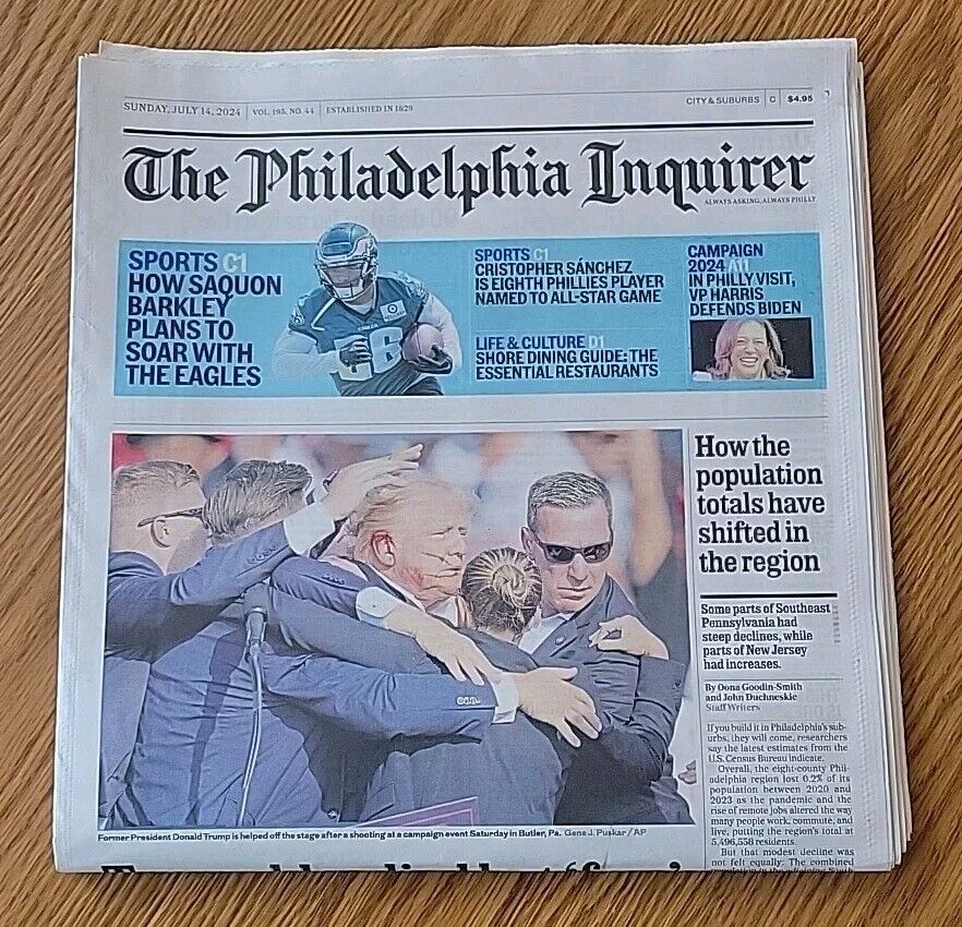 Donald Trump Attempted Assasination The Philadelphia Inquirer news paper 7/14
