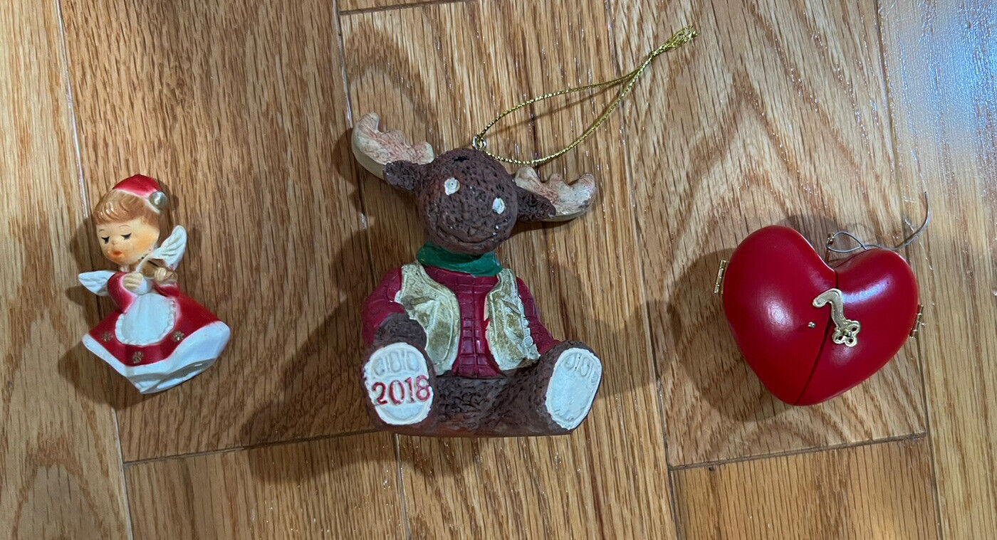 Hallmark 1991 Heart Of Christmas, Vintage Angel & 2018 Moose Ornaments