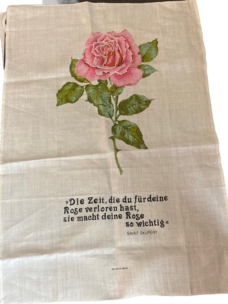 Vintage  German Linen Kitchen Tea Towel Rose With German Saying NEW