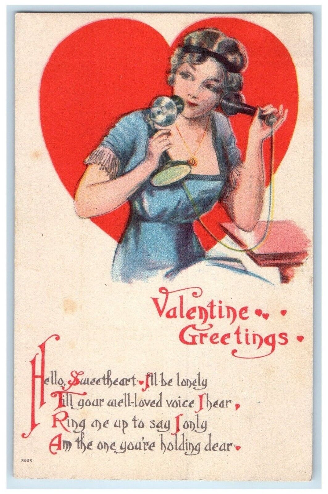 c1910's Valentine Greetings Big Heart Woman Telephone Posted Antique Postcard