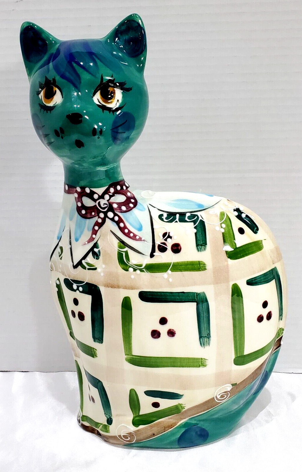 Hand Painted ANATOLY TUROV Art Ceramics Cat Glossy Quilt Design RARE