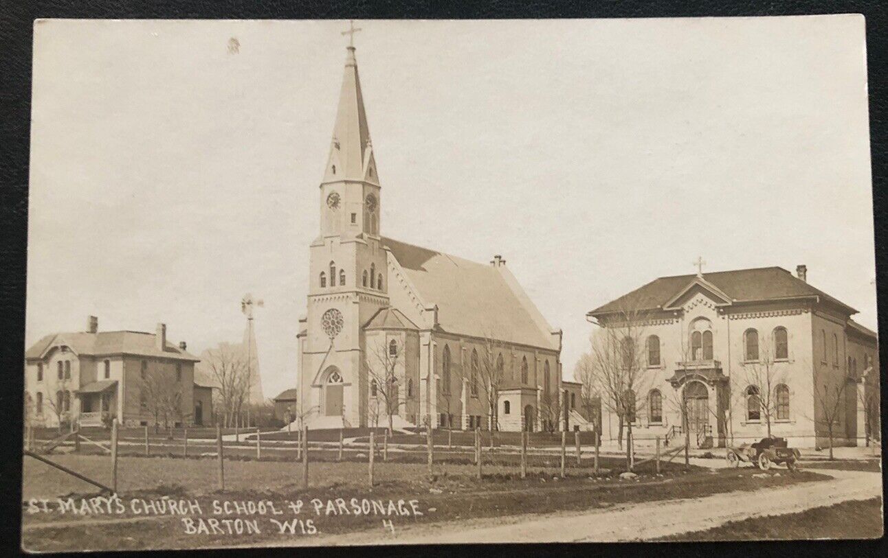 Rppc St. Mary’s Church School Parsonage Barton WI Vintage Postcard X52