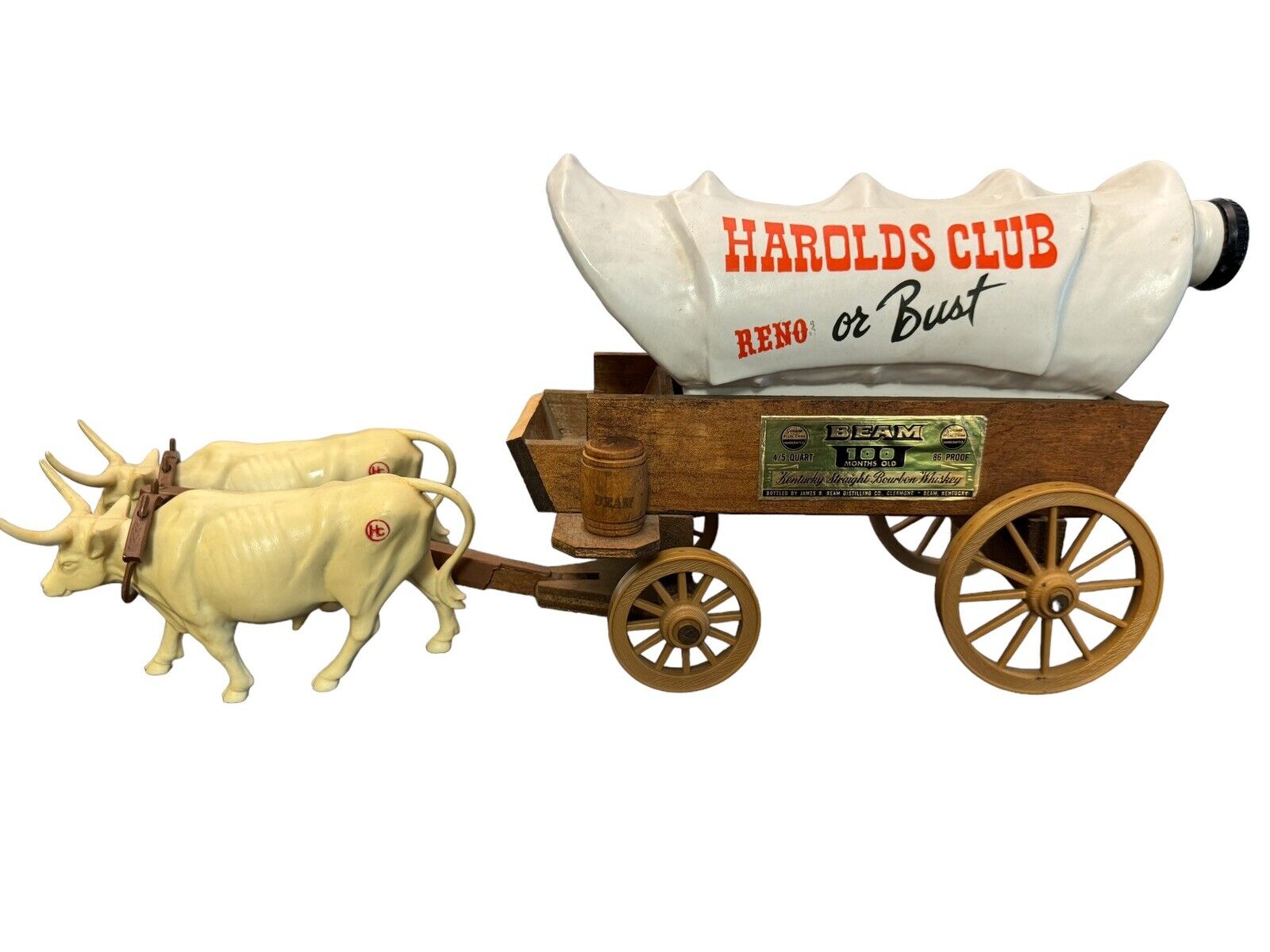 Vintage 1976 Jim Beam Whiskey Harolds Club Reno Or Bust Stagecoach & Ox Decanter