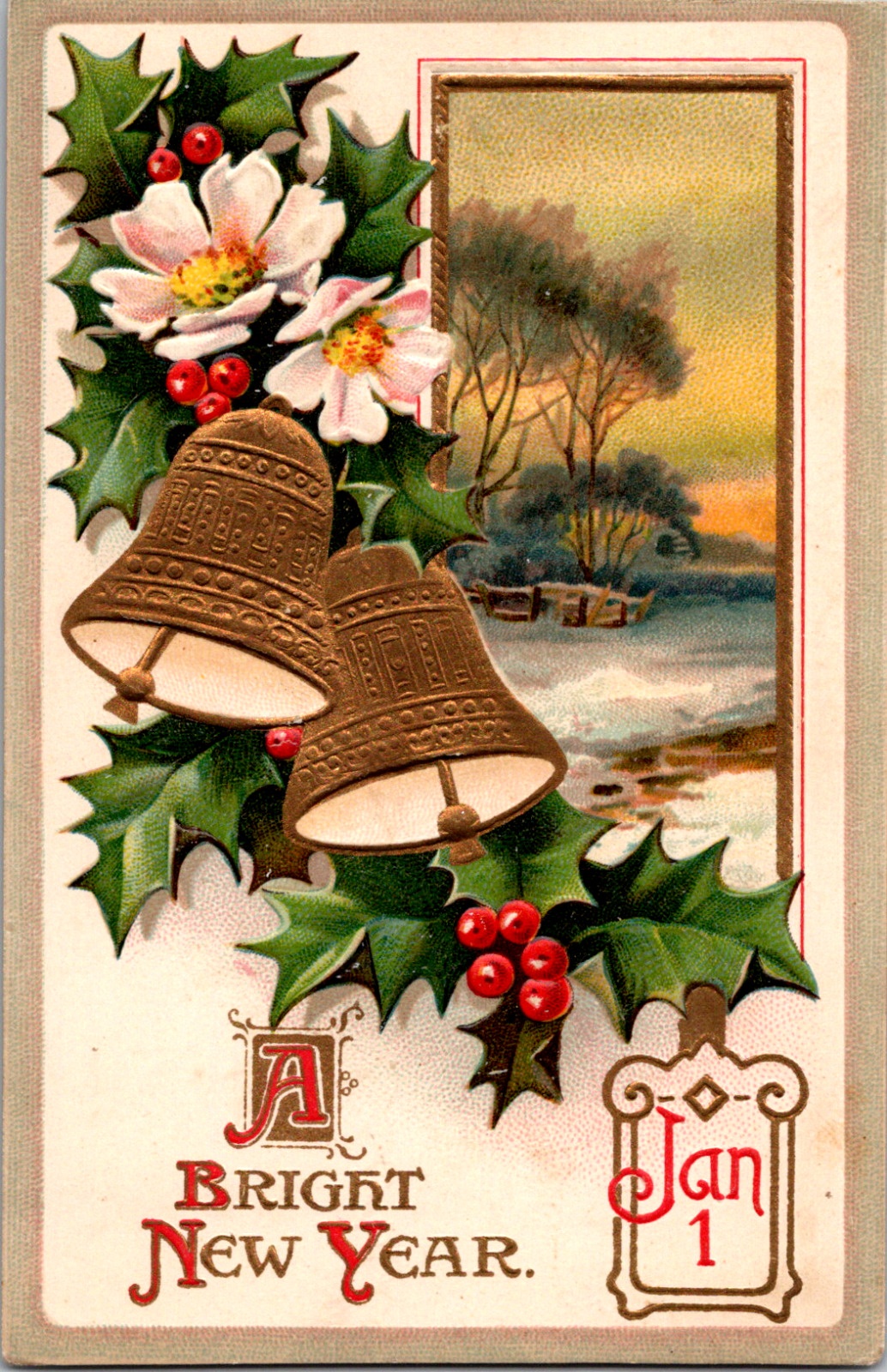 C. 1910 A Bright New Year Postcard Embossed Bells Evening Winter Scene Jan. 1