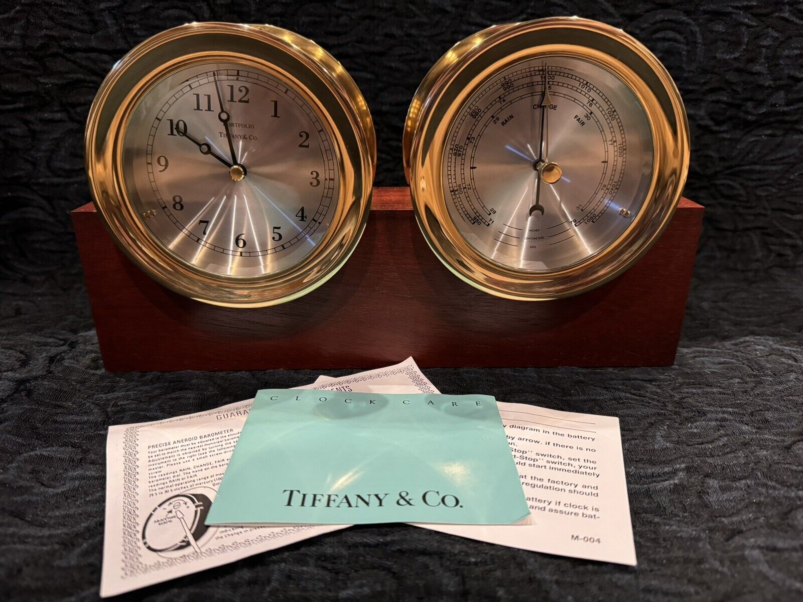 tiffany & co. ship clock and barometer set with mahogany base