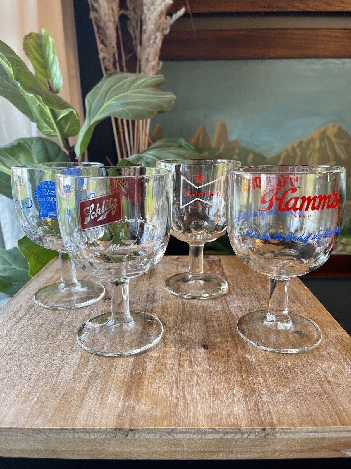 Vintage Bartlett Collins Thumbprint Glasses-Pabst Budweiser Hamms Schlitz, Set 4
