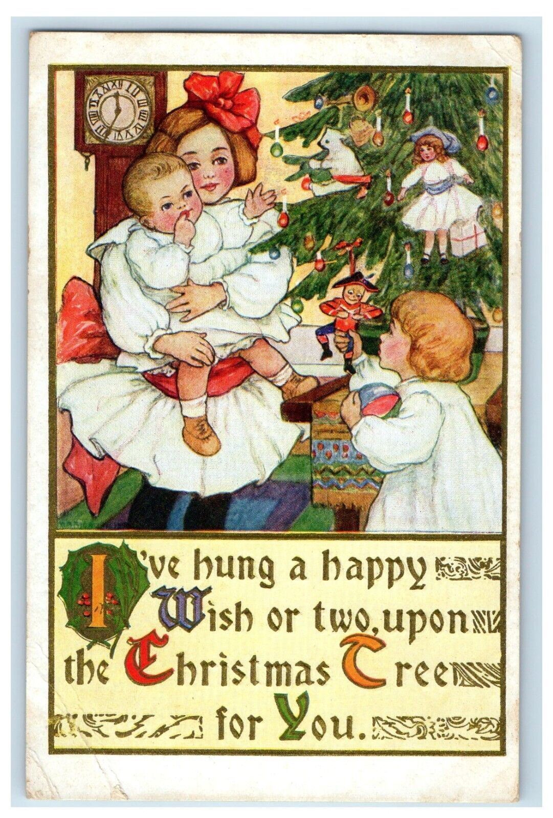 c1910\'s Christmas Tree Mother And Daughter Gift Toy Clock Embossed Postcard