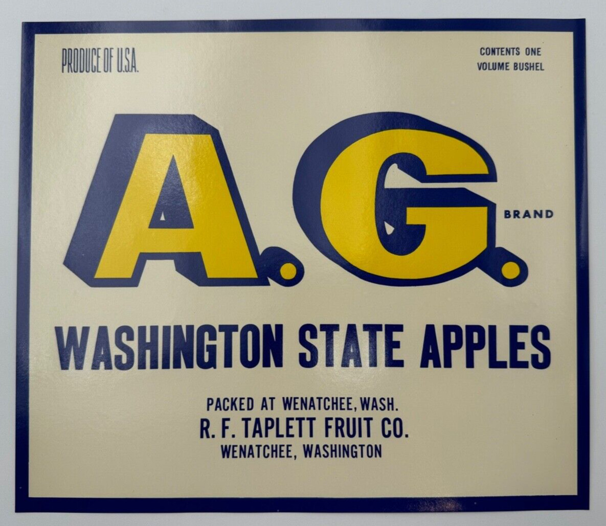 A.G. Brand Original Vintage Apple Crate Label, Wenatchee, Washington