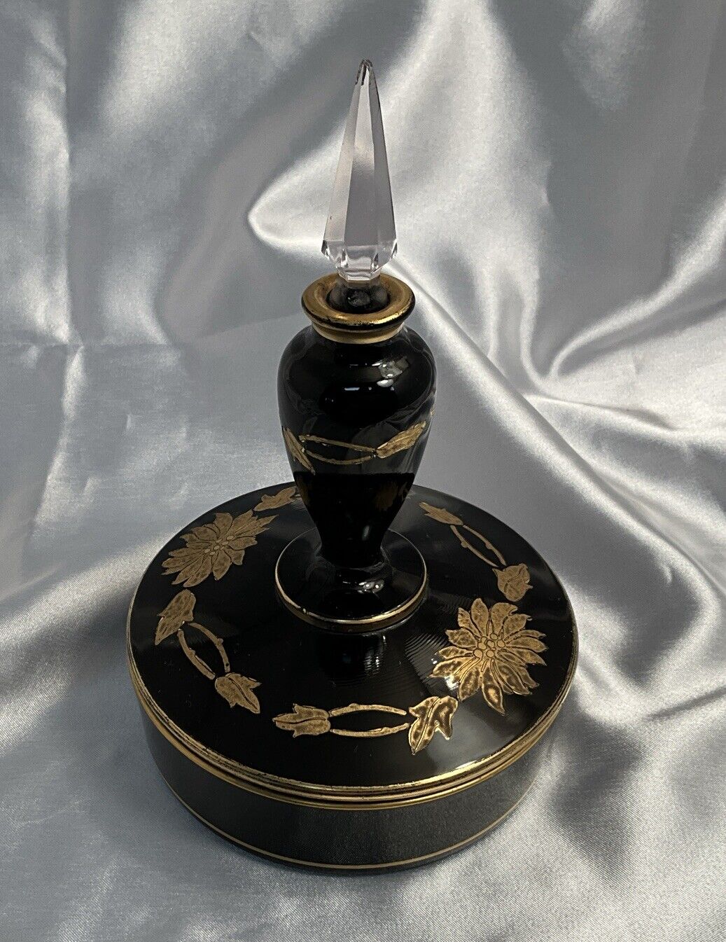 Vtg Fostoria Black Glass 3 Piece Perfume- Powder Dish with Original Paper Tag