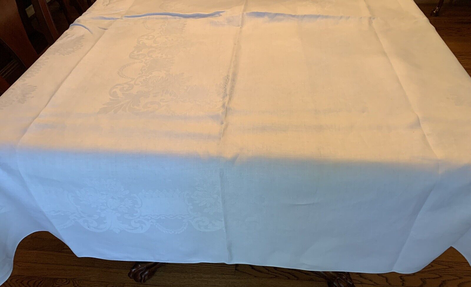 Vintage pre-loved elegant white some floral patterned tablecloth  60 by 95