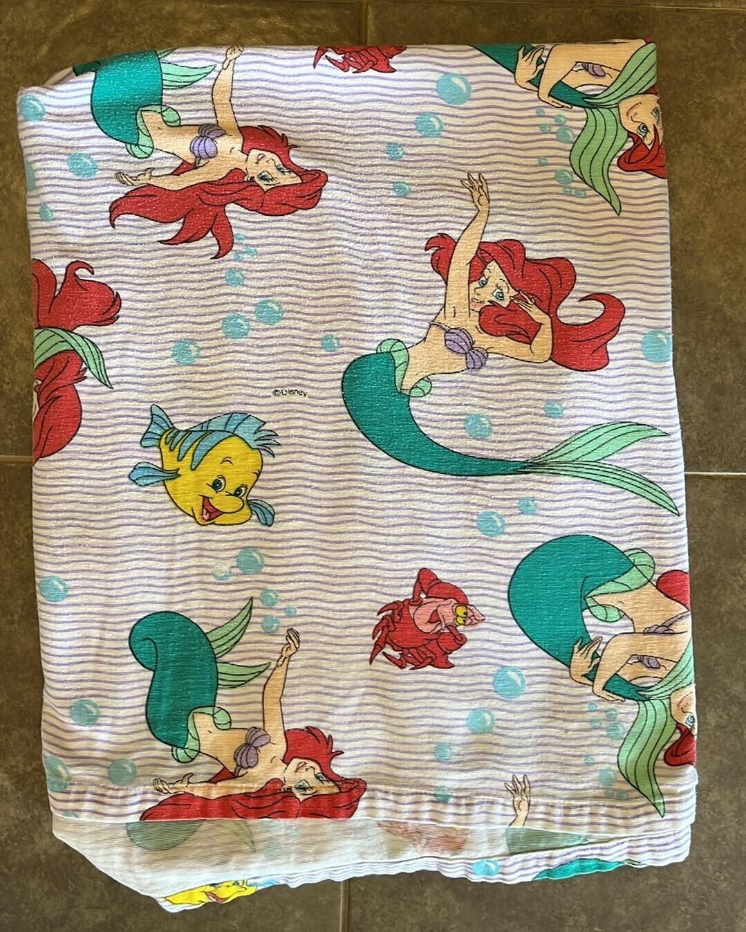 Vintage 90s Disney Little Mermaid Twin Flat Sheet Ariel Flounder Purple Stripes