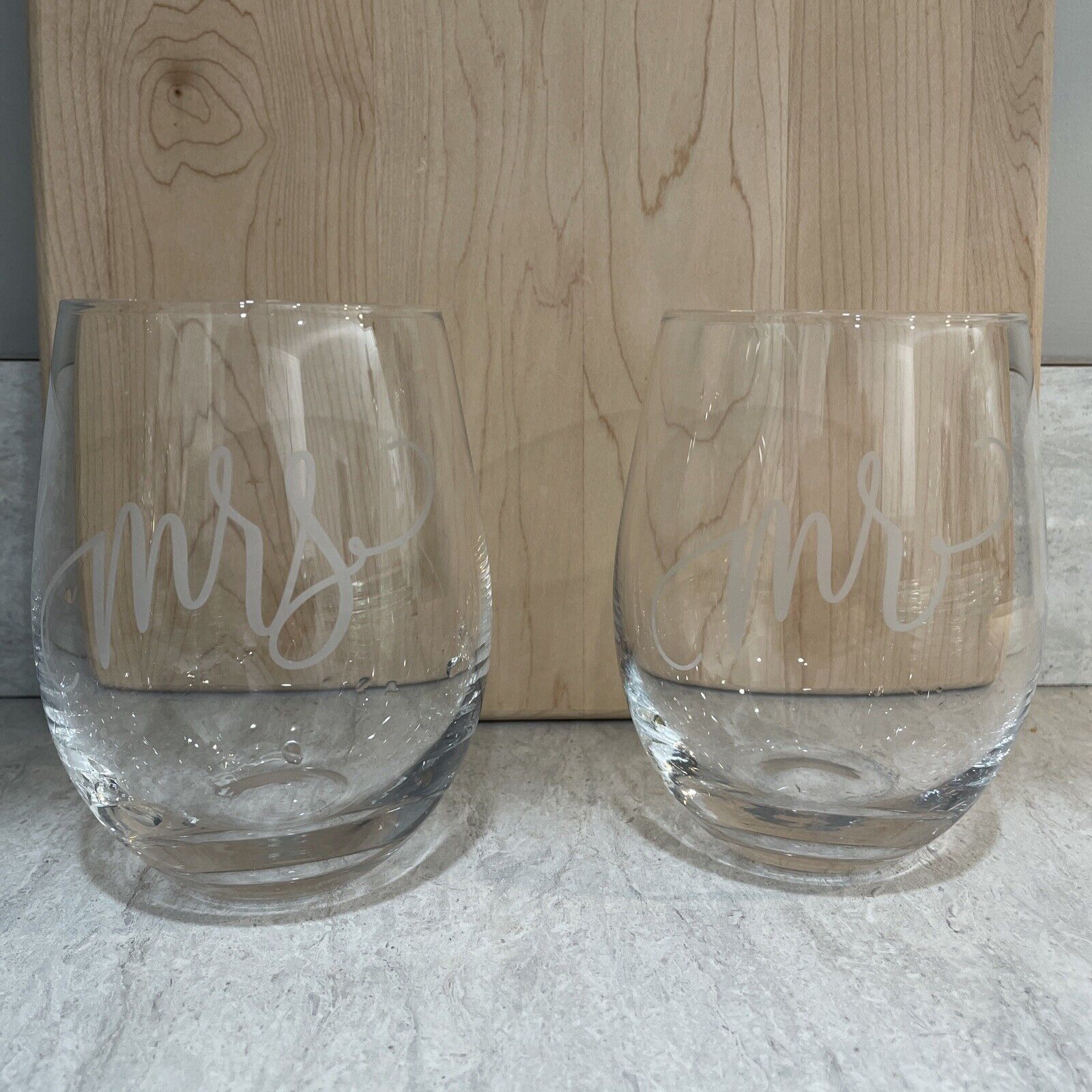 Mr. And Mrs. Cursive Etched Stemless Wine Glasses
