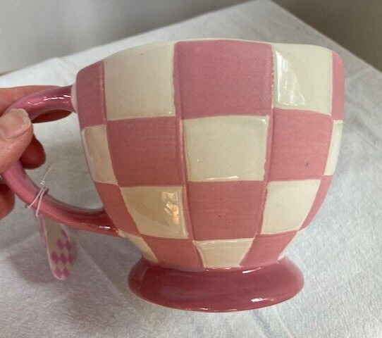 Sunday Morning Ceramics Pink Checkboard Tea Coffee Mug Cup Hand Painted 14oz NEW