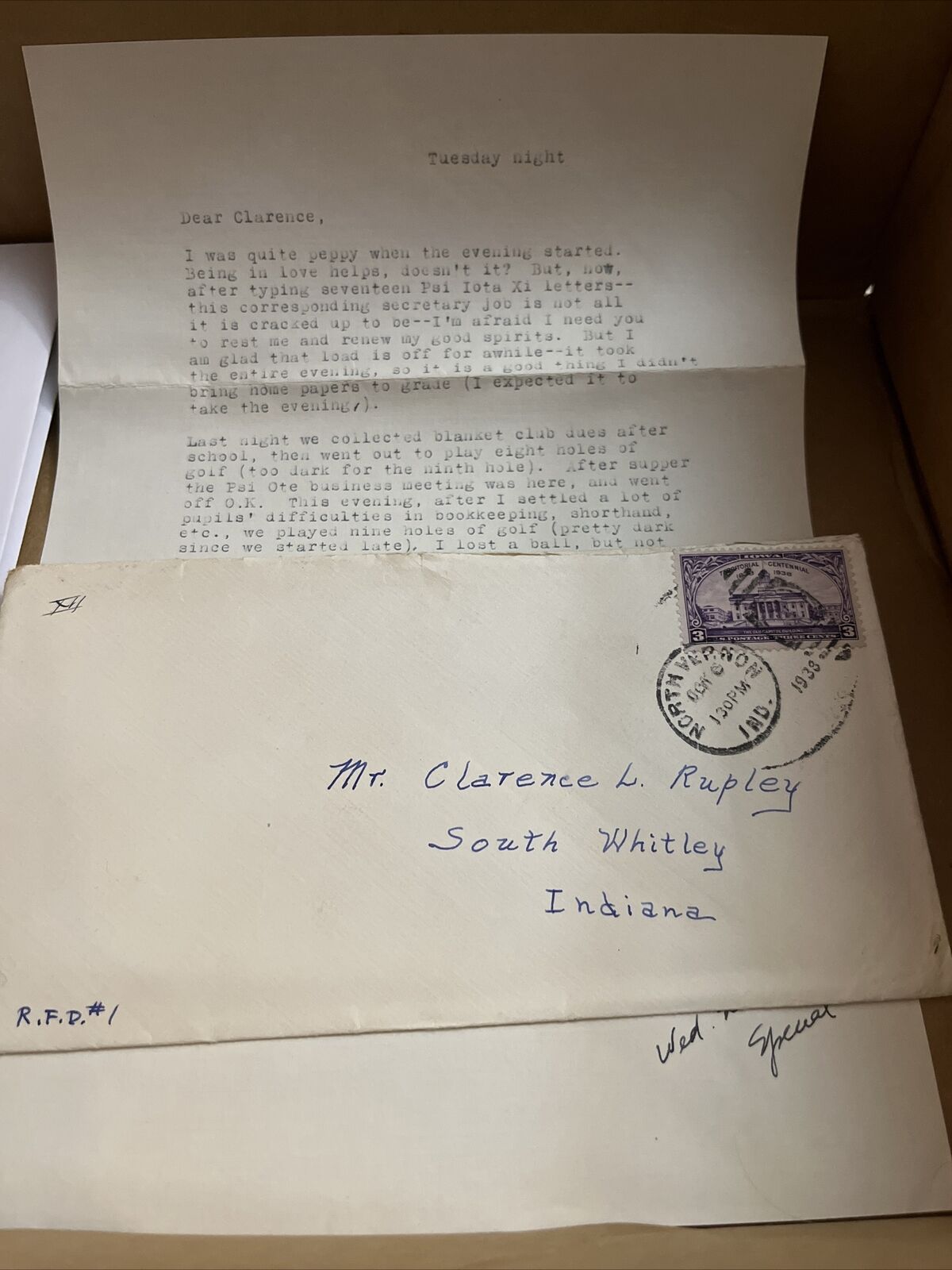 1938 Correspondence to South Whitley Indiana: Psi Iota Xi - Great Depression Era