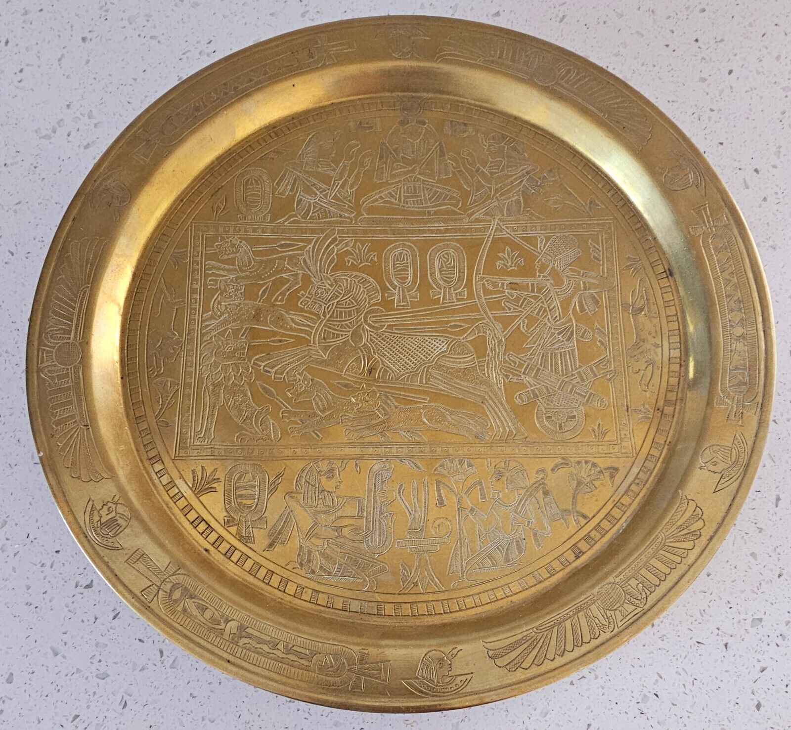 Vintage Plate Brass Big Dish Heavy Circle Pyramids Pharaohs Hand Engraving Egypt