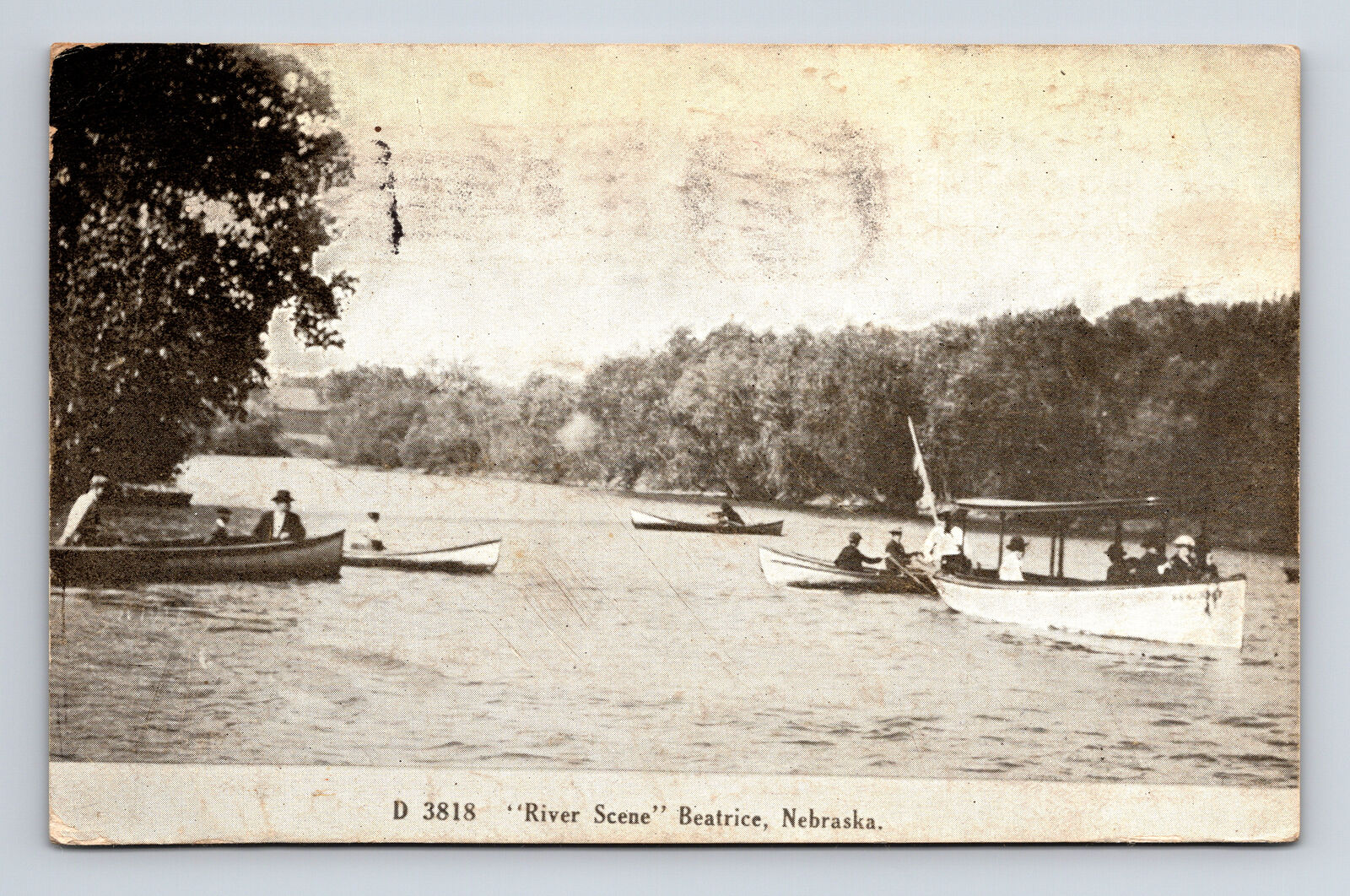c1911 River Scene Row Boats Tour Boat Beatrice Nebraska NE Postcard