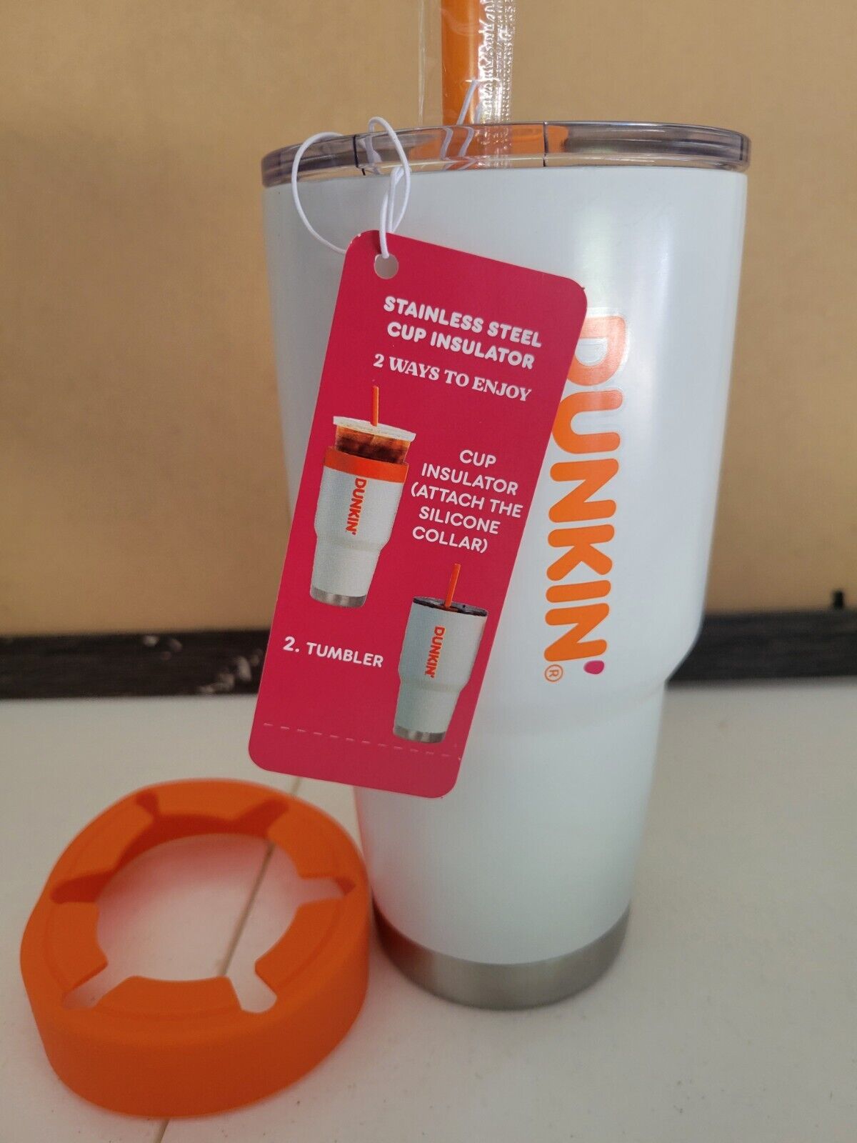 Dunkin Donuts 28 oz Stainless Insulated Tumbler w/ Silicone Collar Orange Straw