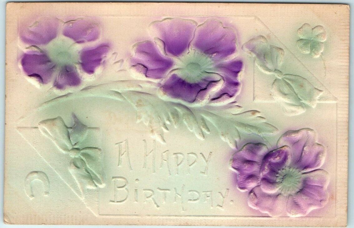 Postcard - Debossed Flowers Print - A Happy Birthday