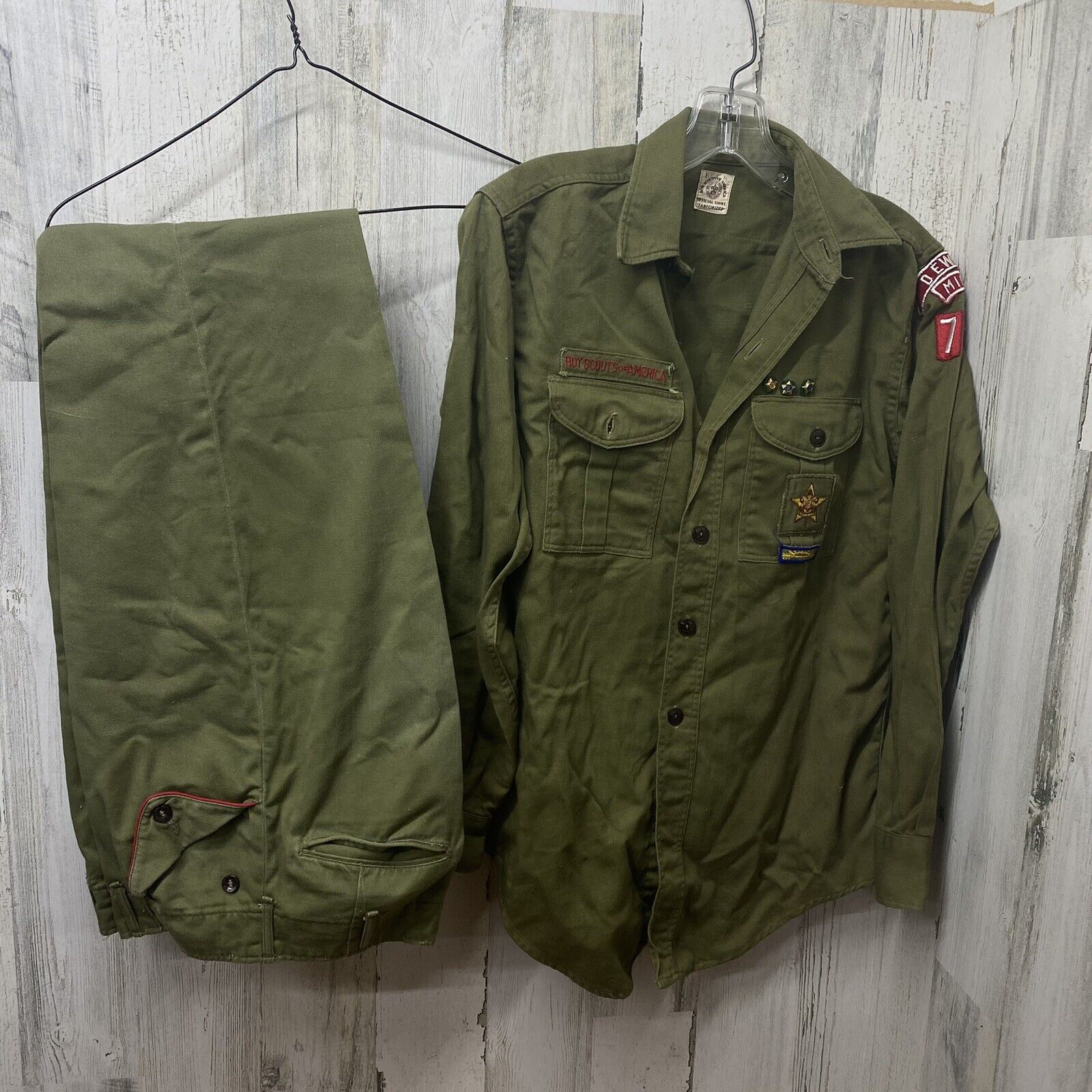 Vintage BSA Boy Scout Uniform Sanforized Shirt Pants Patches Pins Dewitt Mich 77