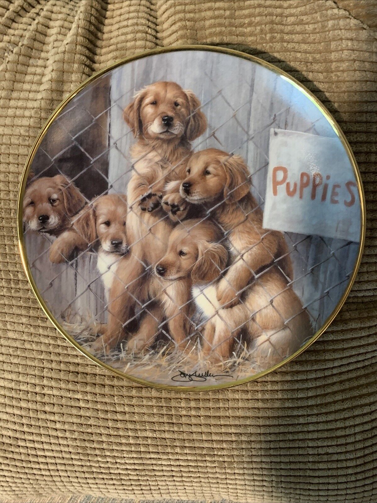 Franklin Mint Limited Edition 24k Gold Bordered Porcelain Plate - Adopt A Puppy