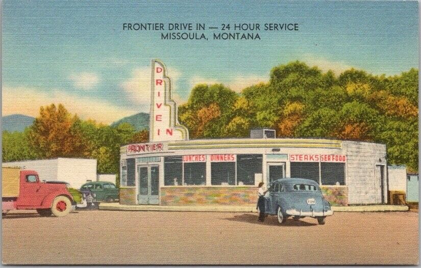 c1950s MISSOULA, Montana Postcard FRONTIER DRIVE-IN Restaurant LINEN / Unused
