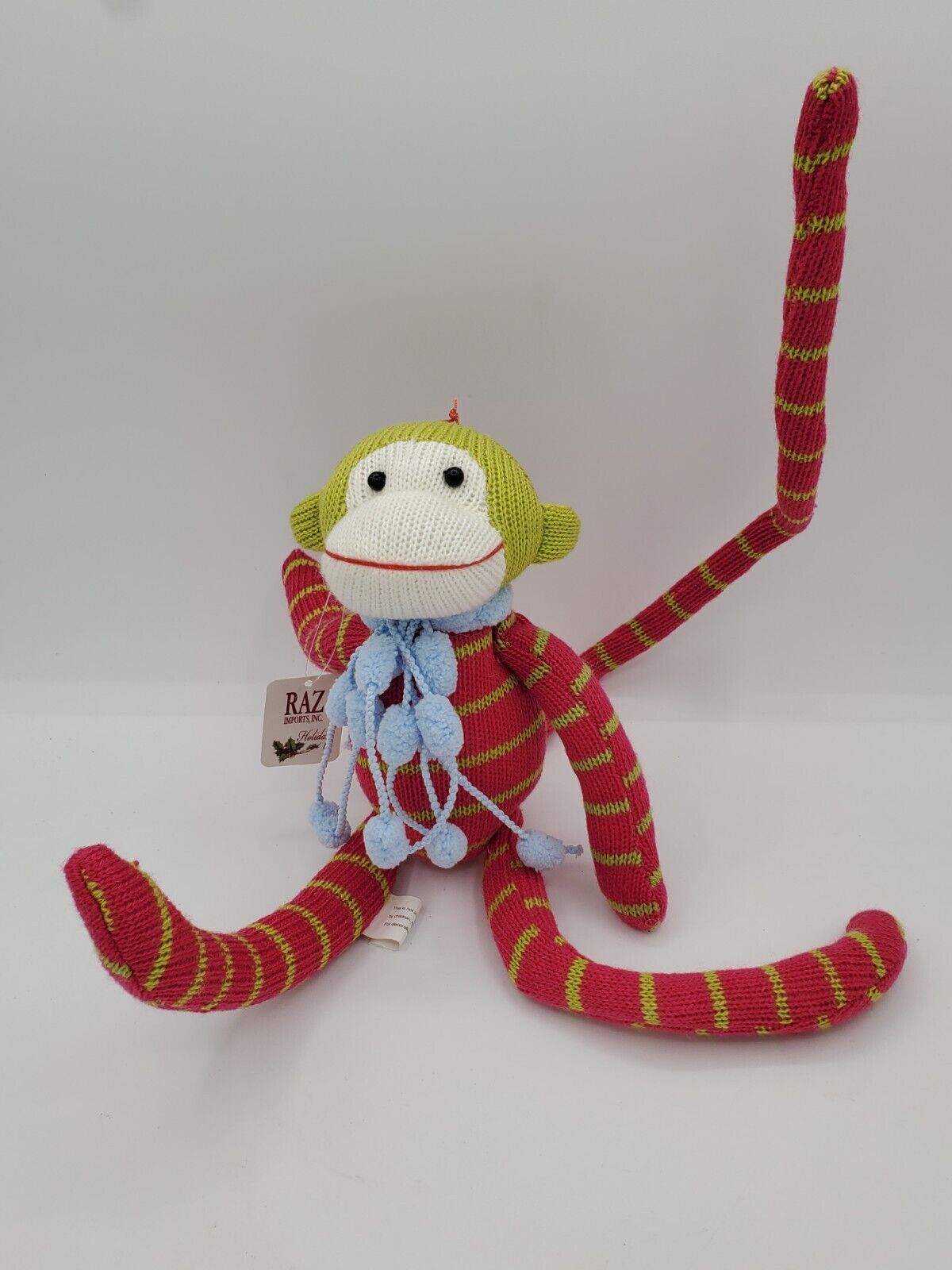 Raz Imports Yarn Sock Monkey Ornament Pink Green Bendable Limbs & Tail 12\