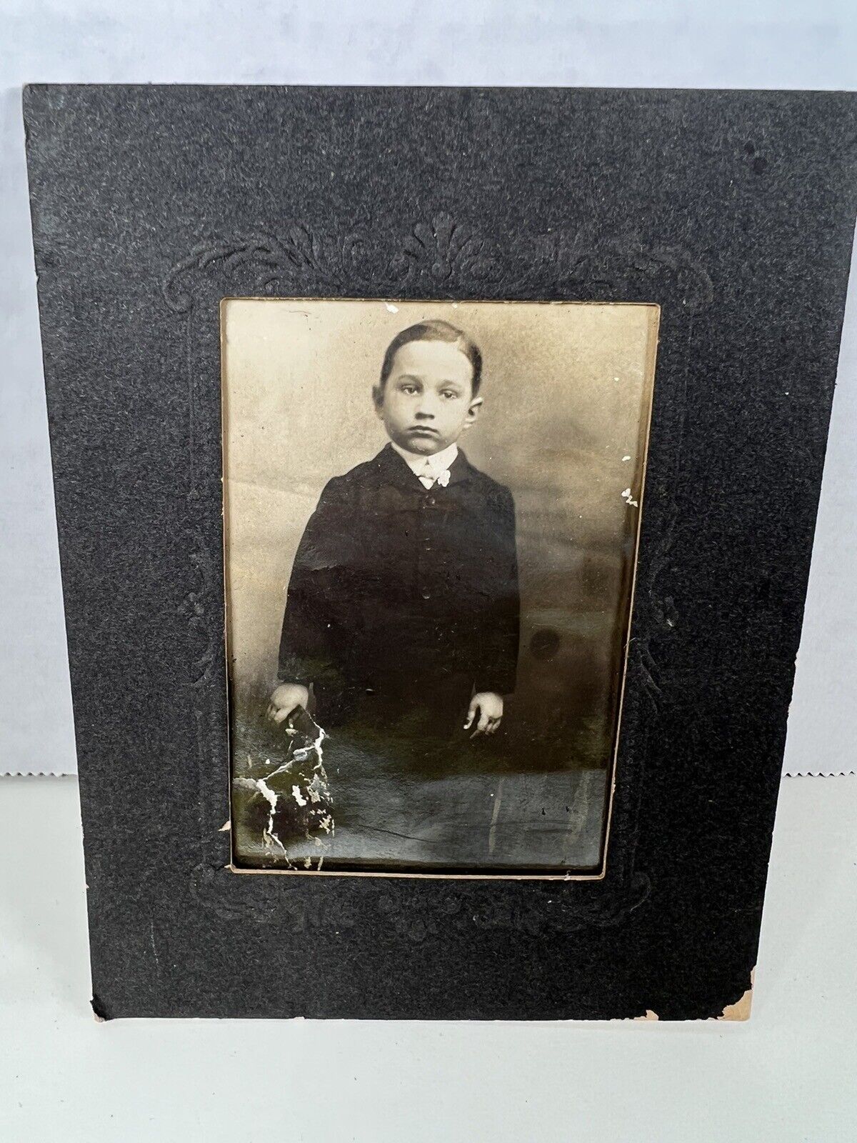 Antique cabinet card photo 1903 Young Boy In Suit Horace Richardson Groceries