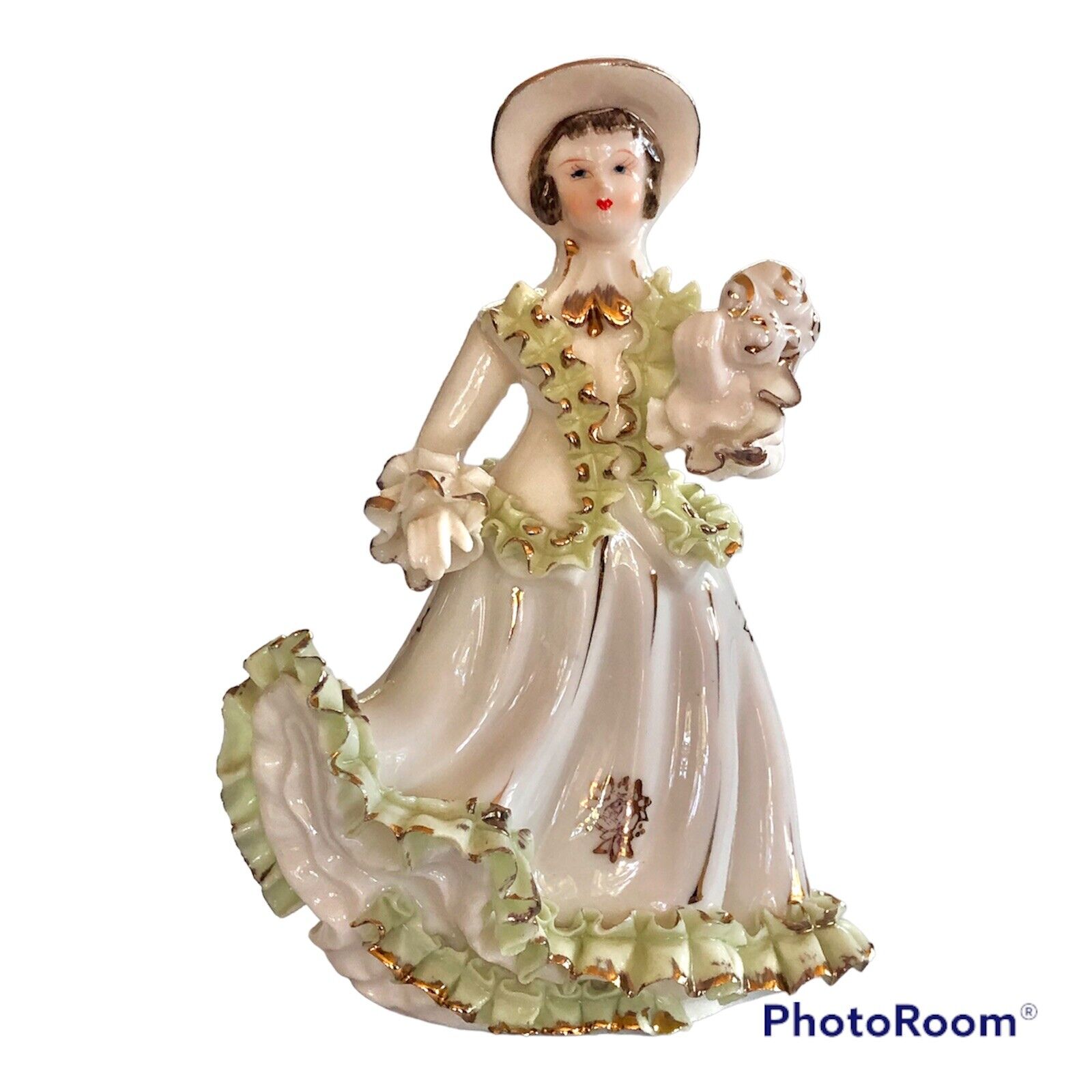 Vtg Porcelain Victorian Girl Figurine with Fan #2064 Mint Green + Gold Gilt Trim