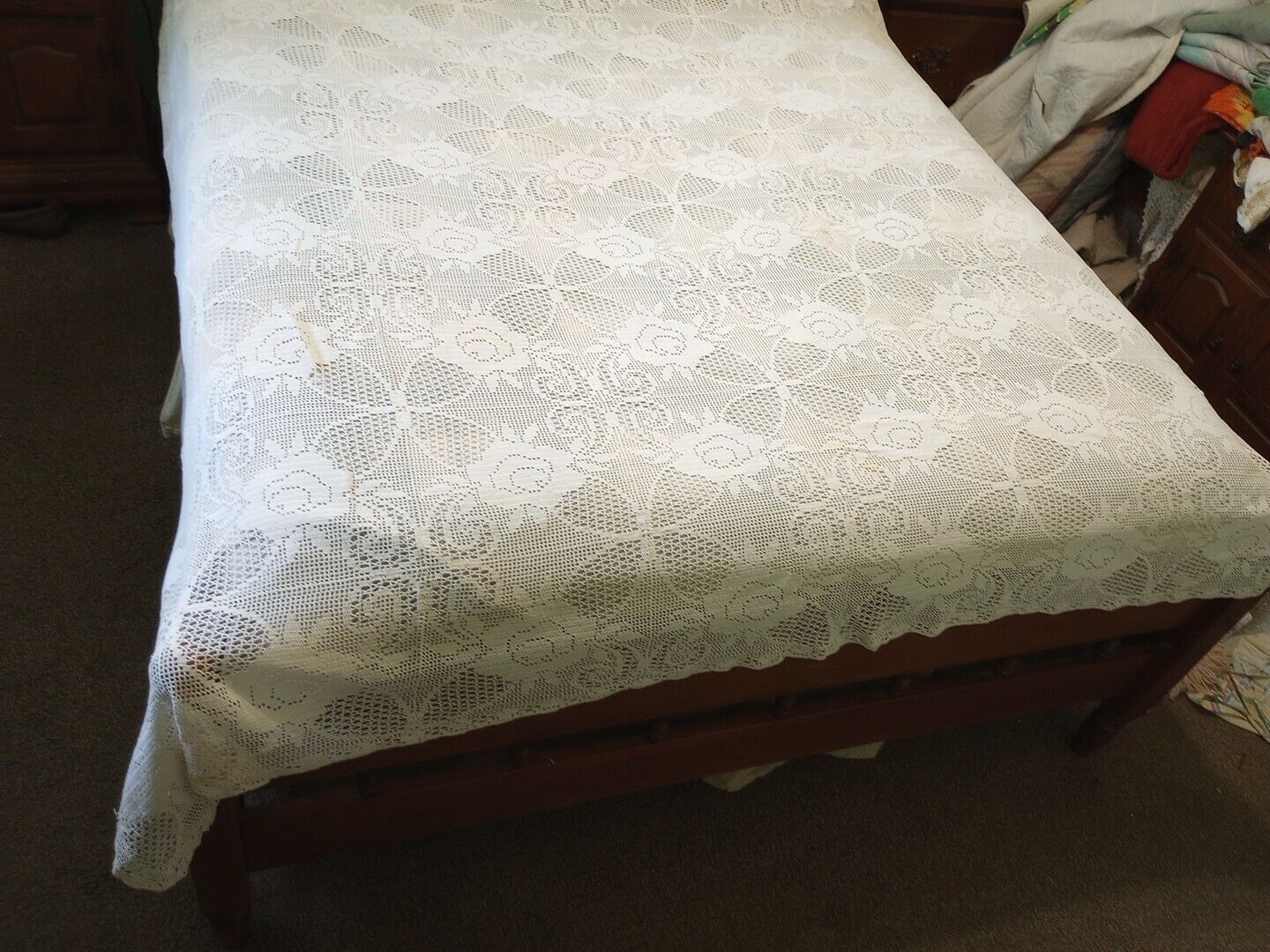 Vintage Crocheted Bed Coverlet Ecru Queen 74”x 84” Amish Handmade Tablecloth