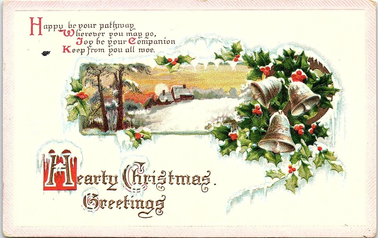 c1915 HEARTY CHRISTMAS GREETINGS SCENIC ALMA MISSOURI EMBOSSED POSTCARD 39-257