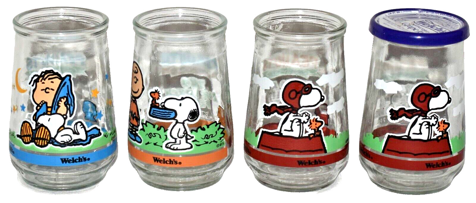 Vintage Welch\'s Peanuts Gang Snoopy Promo Jelly Jars Glasses Lot Of 4 #2 #6 #7