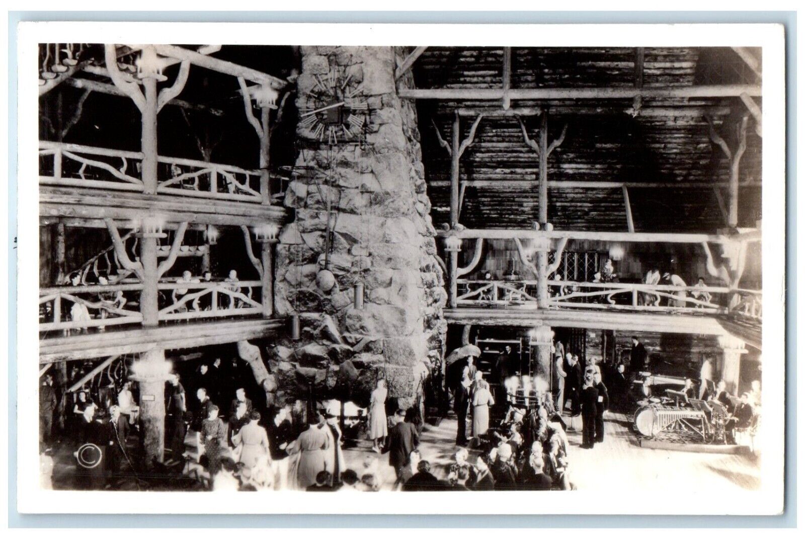 c1930's Old Faithful Inn Lobby Haynes Yellowstone Wyoming WY RPPC Photo Postcard
