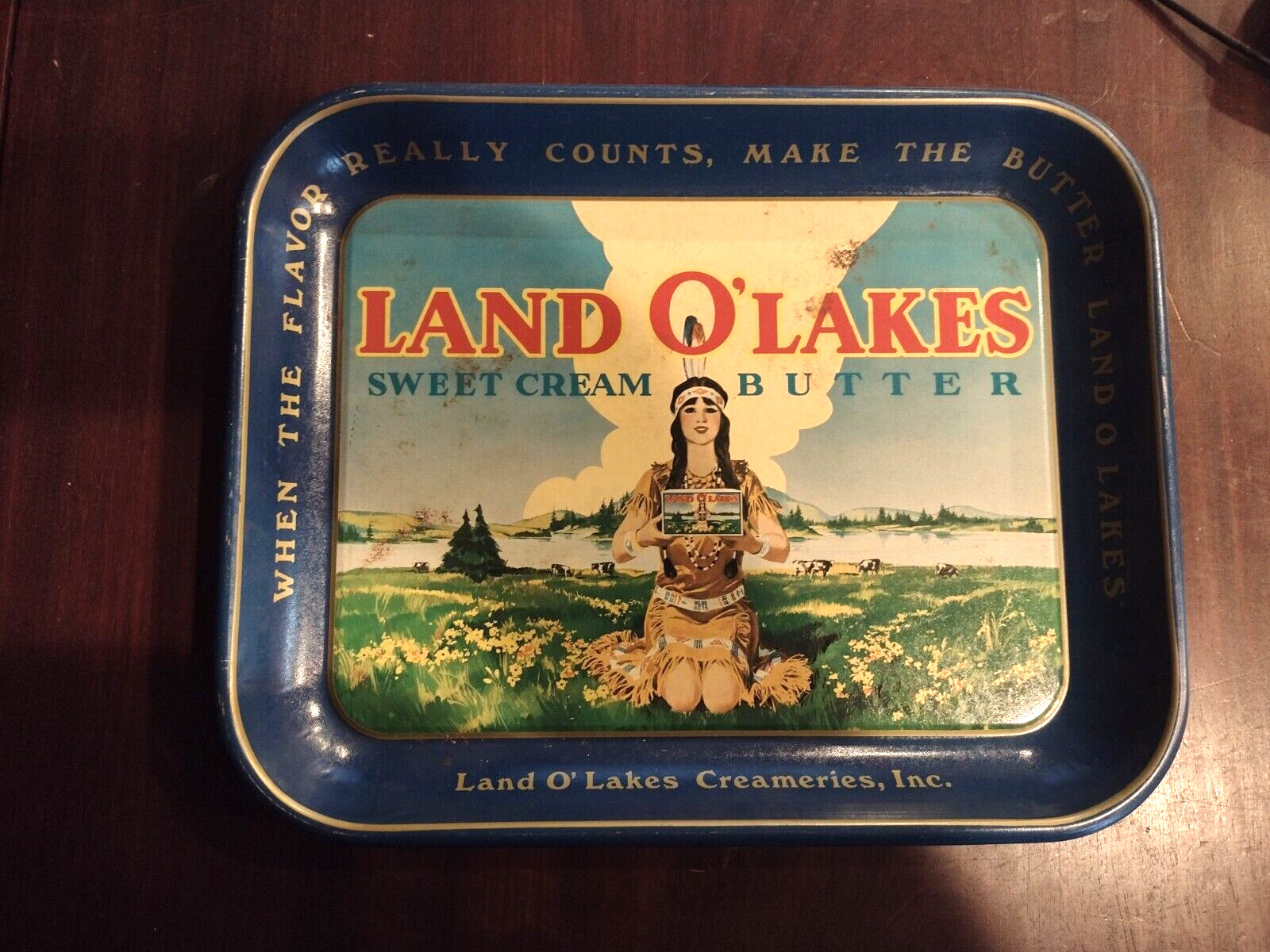 VINTAGE LAND O LAKES SWEET CREAM BUTTER RETIRED METAL SERVING TRAY INDIAN GIRL