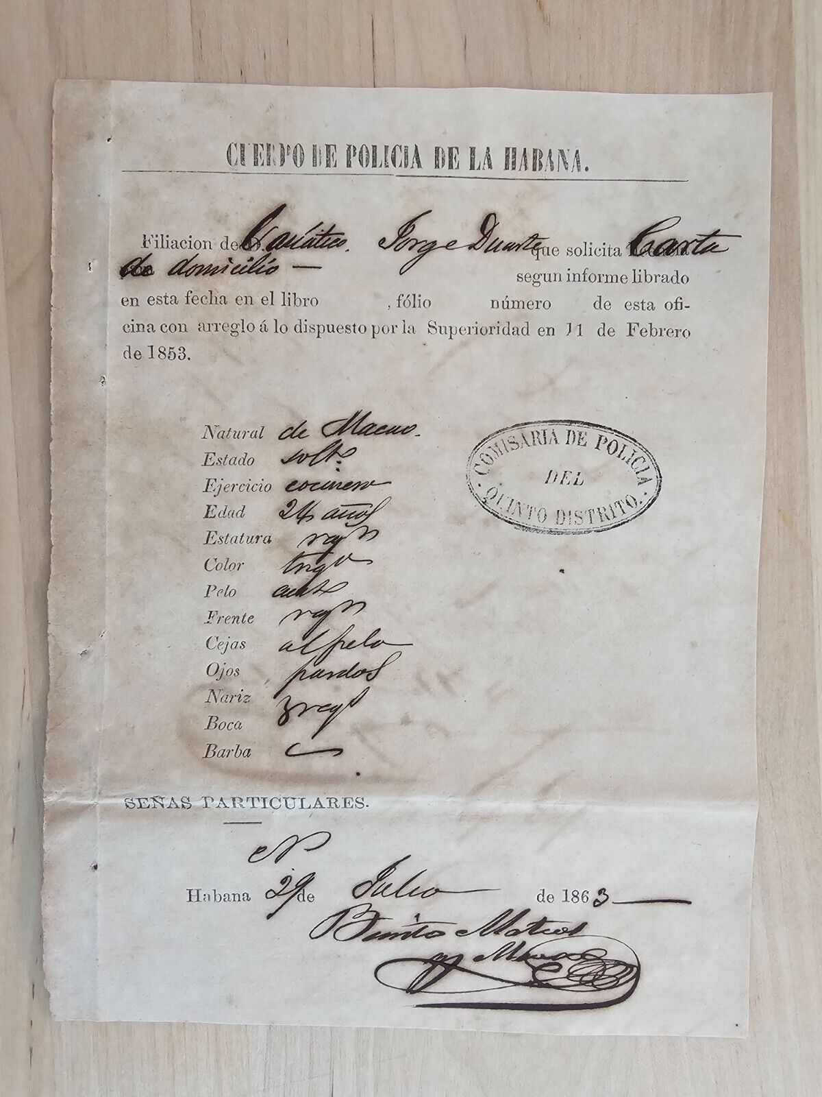ANTIQUE 1863 CHINA CHINESE SLAVES HAVANA  CONTRACT DOCUMENT SIGNED