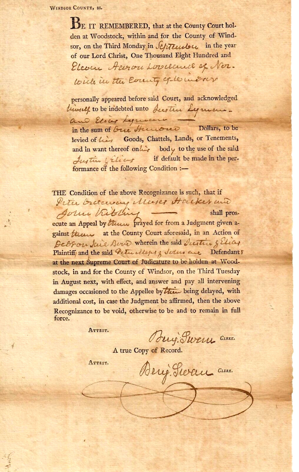 RARE “18th Century Vermont Treasurer” Benjamin Swan Hand Signed Court Document
