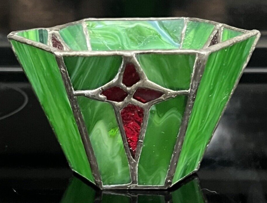 Vintage Pier 1 Stained Glass Handmade Votive Candle Holder Green & Red 3” Pier1