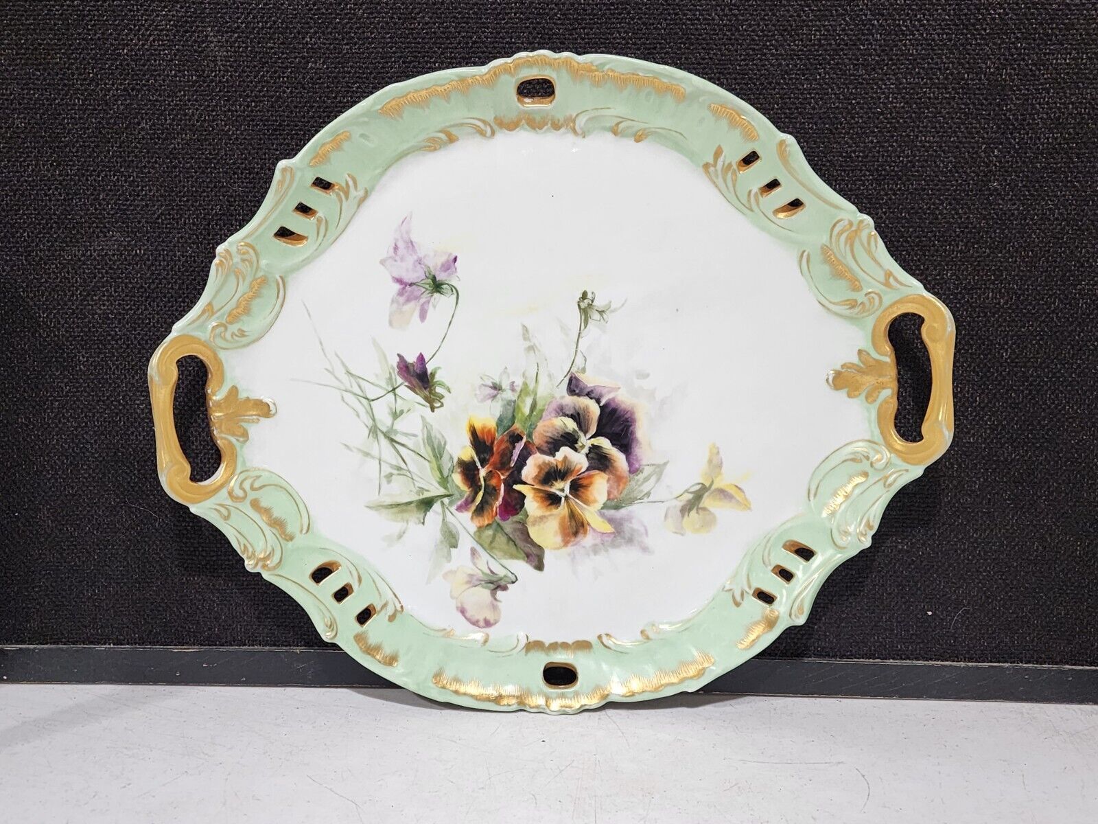 Large Old Austria Porcelain Piecred Tray Platter Hand Painted Pansy Pansies