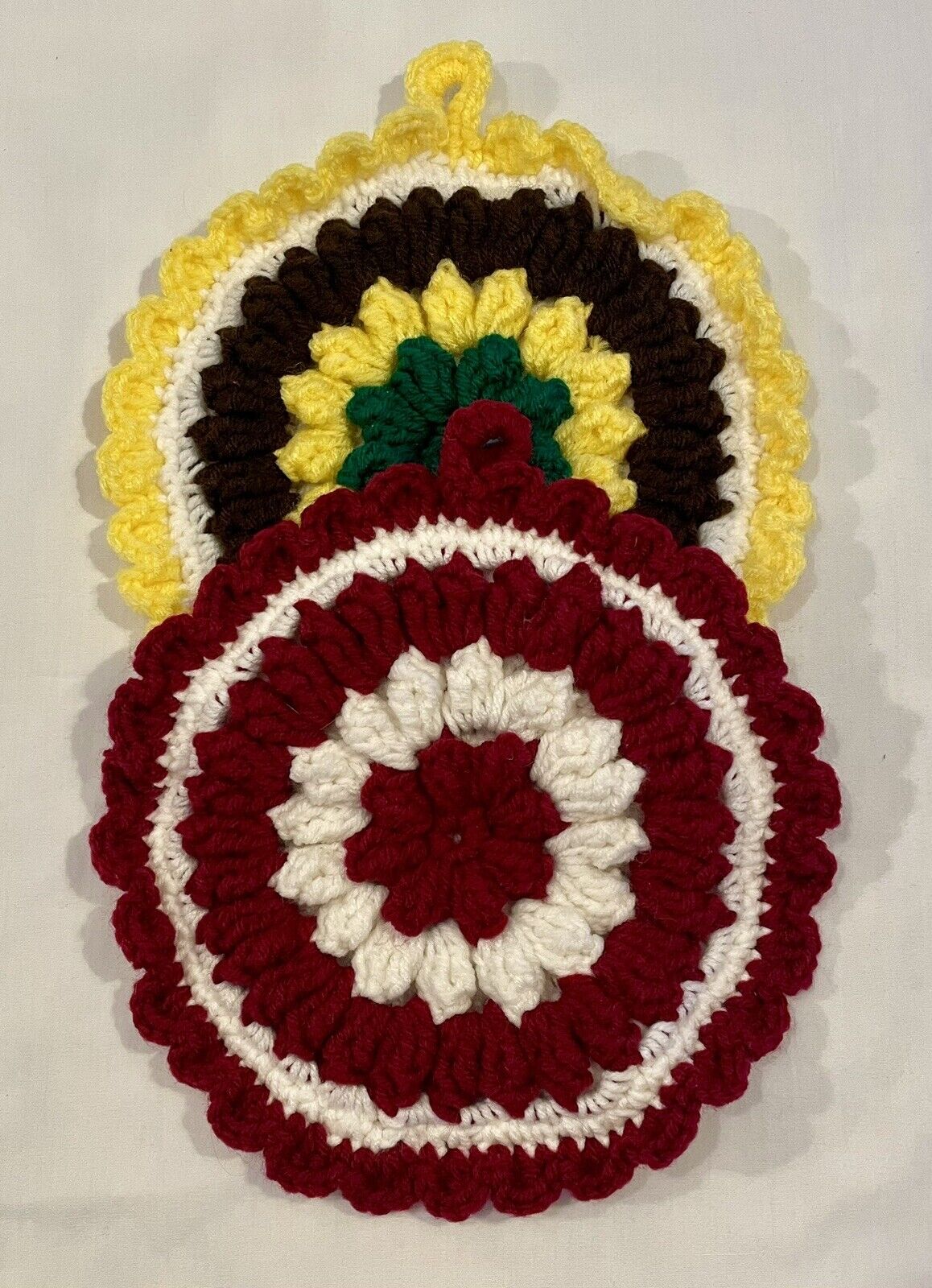 Lot of 2 Vintage Knit Crocheted Pot Holders  Hot Pad Homemade Multicolor