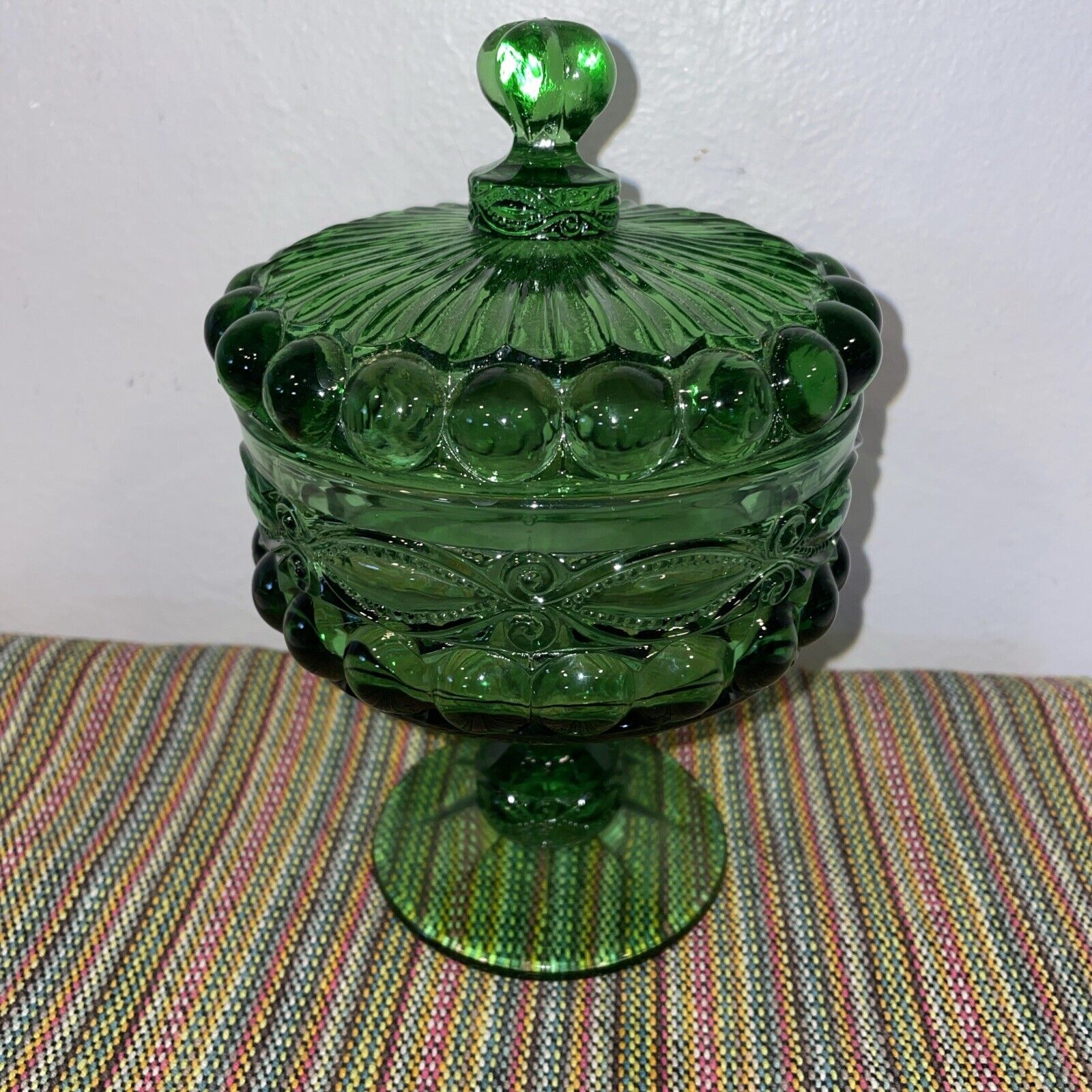 Vintage Emerald Green Mosser Eye Winker Bubble Pedestal Compote Candy Dish