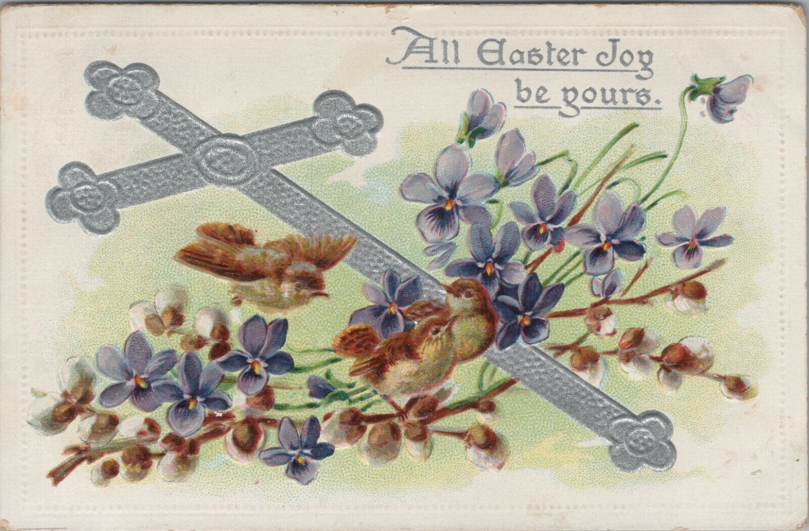 1909 Easter Joy Raphael Tuck chicks silver cross flowers embossed postcard E757