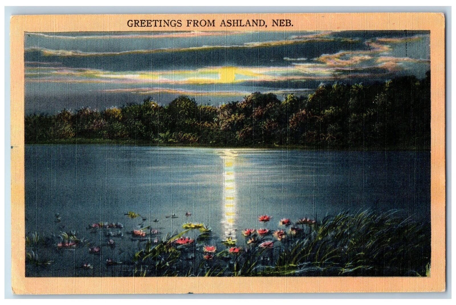 Ashland Nebraska NE Postcard Greetings Moonlight Reflection On Lake 1945 Moon