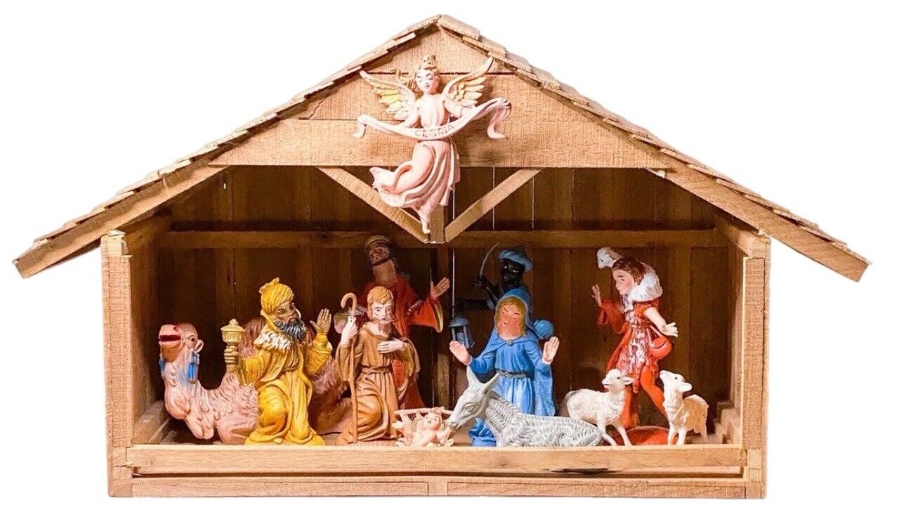 Vintage Christmas Nativity 12 Pc ITALY Hard Rubber Figurines Set w/ Wood Barn