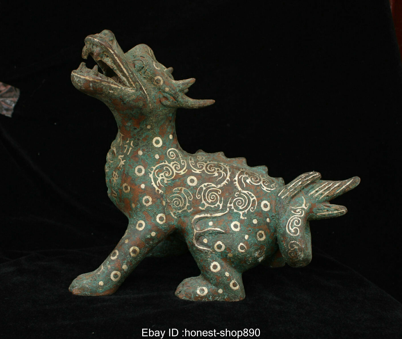 Antique Old China Bronze Ware Silver Animal Wealth Dragon Beast Statue Sculpture
